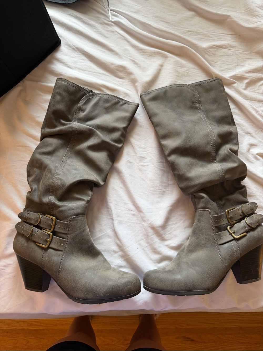 Slouchy Mid-Calf Buckle Heeled Boots